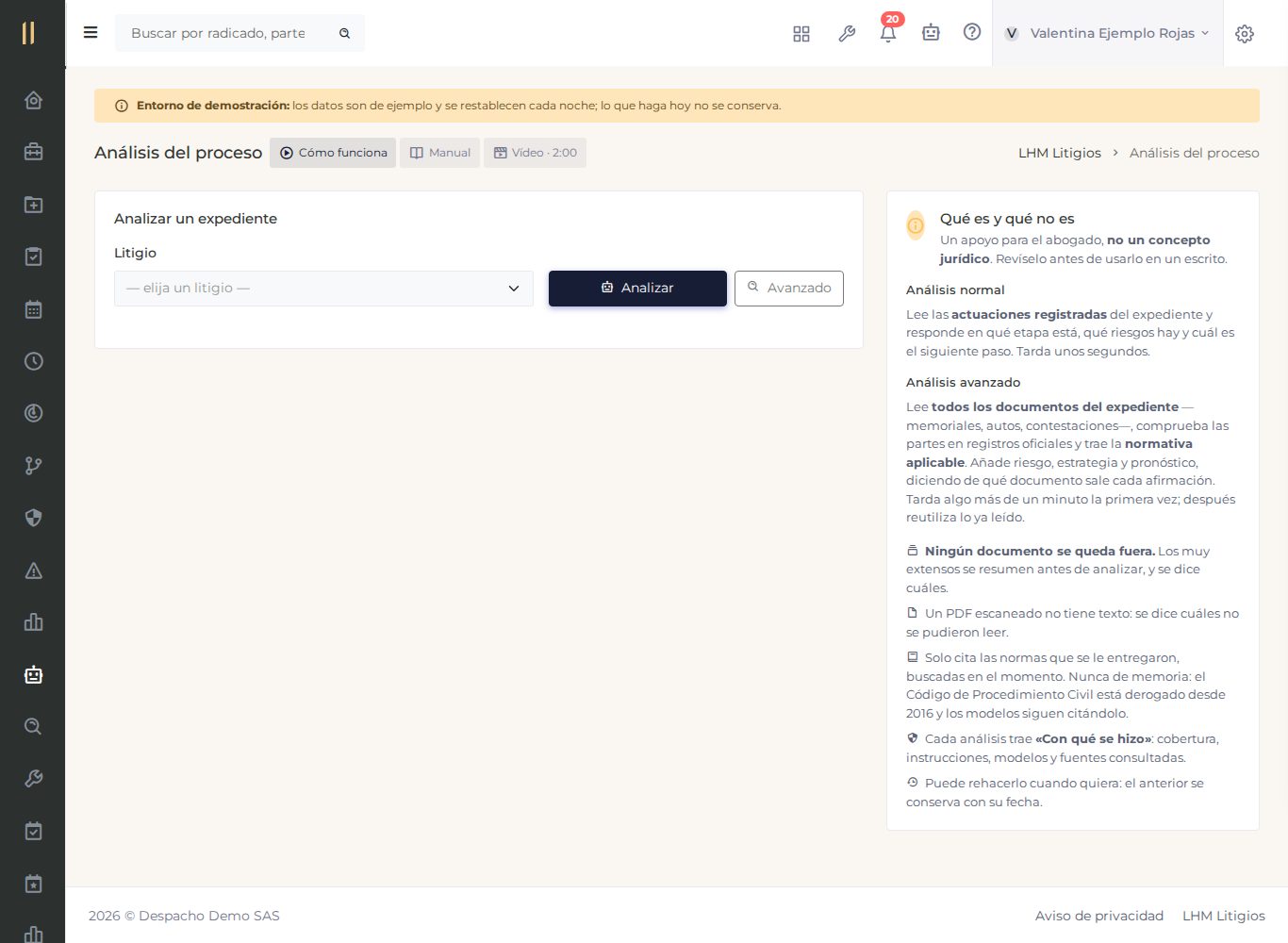 La pantalla «Análisis con IA», con datos de ejemplo