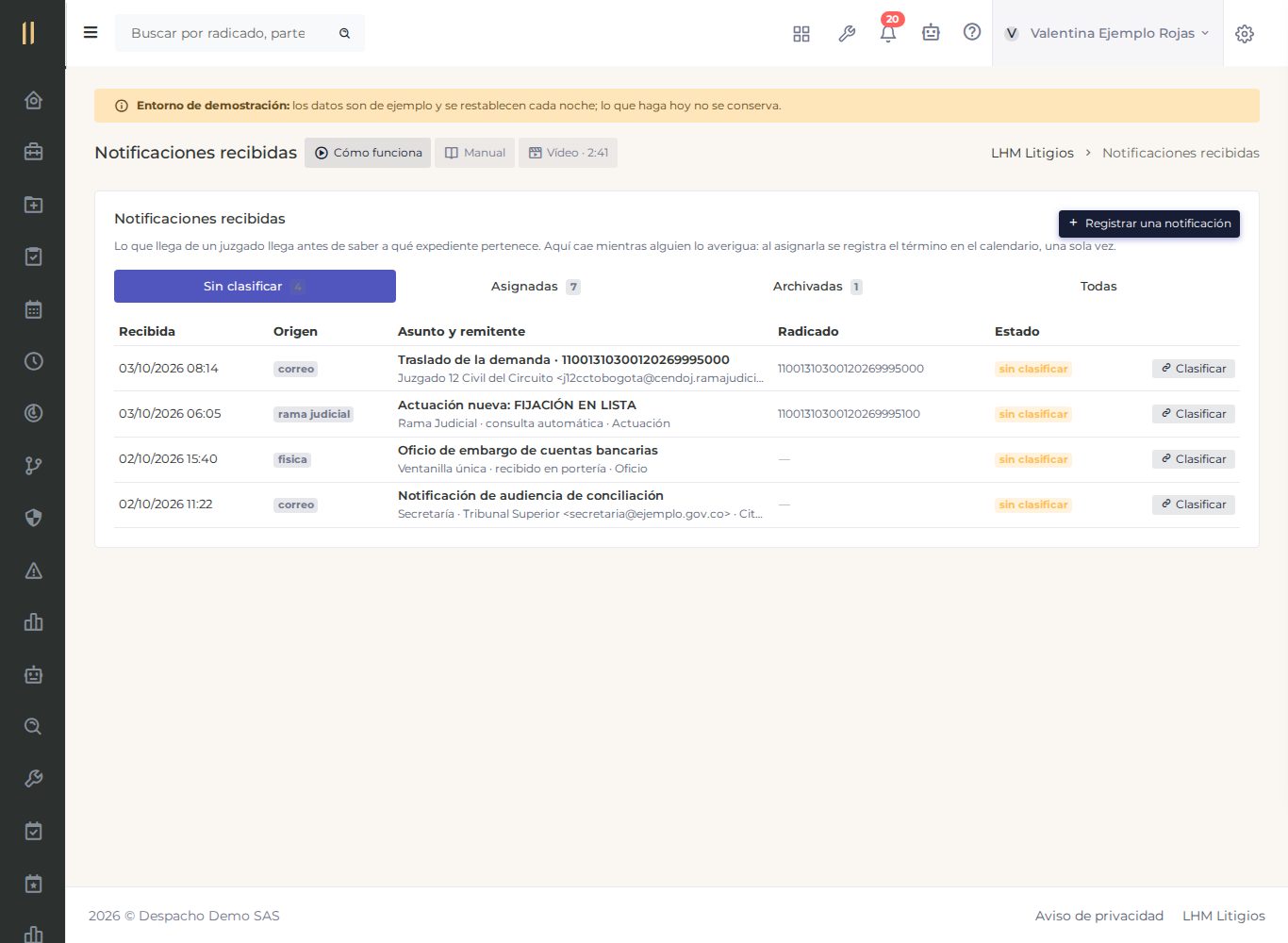 La pantalla «Notificaciones recibidas», con datos de ejemplo