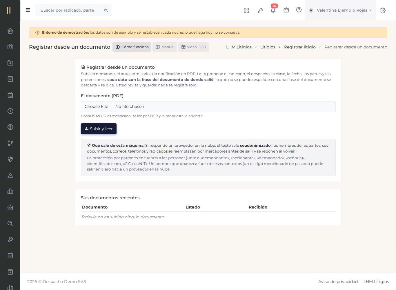 La pantalla «Registrar desde un documento», con datos de ejemplo