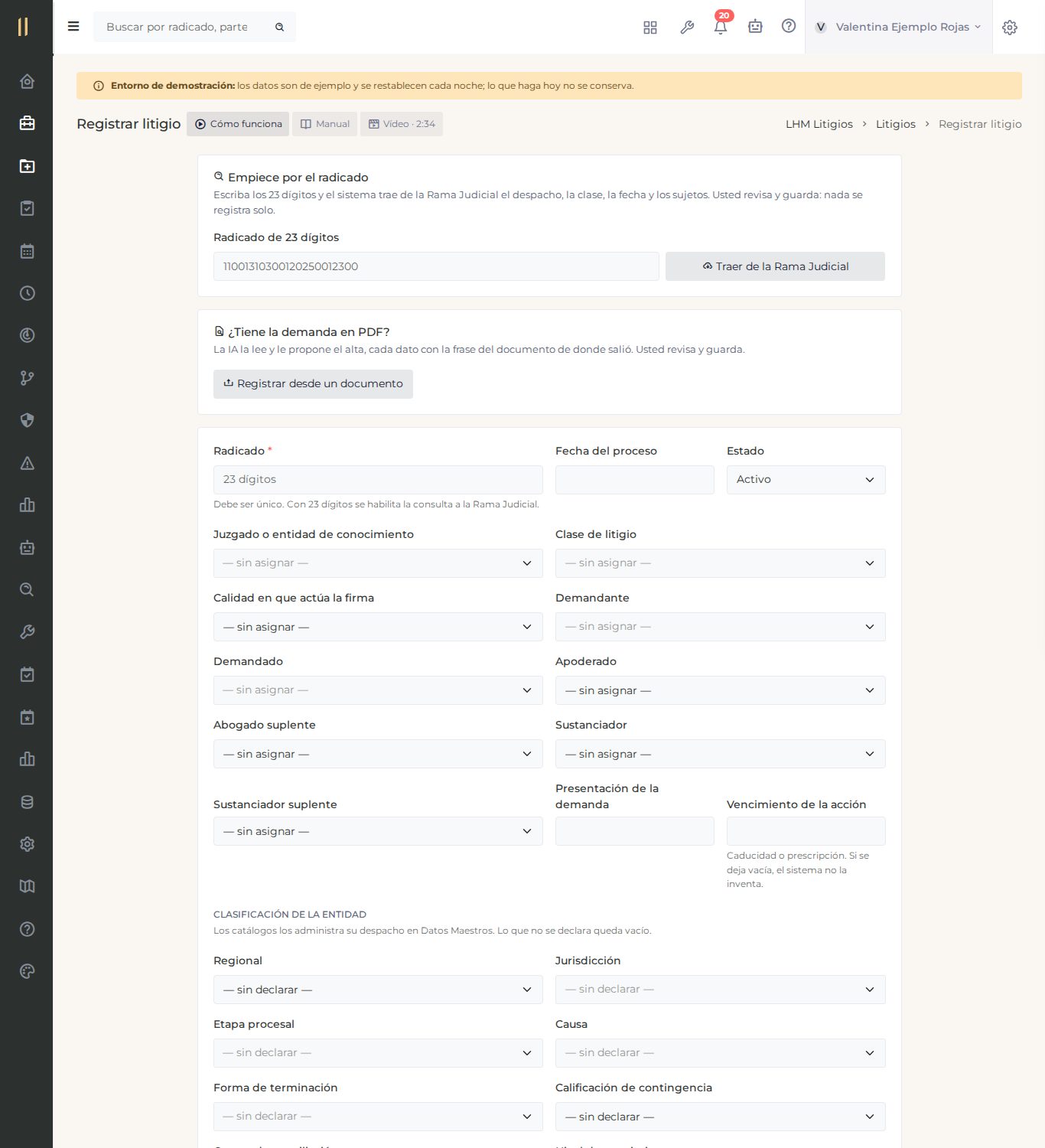 La pantalla «Registrar litigio», con datos de ejemplo