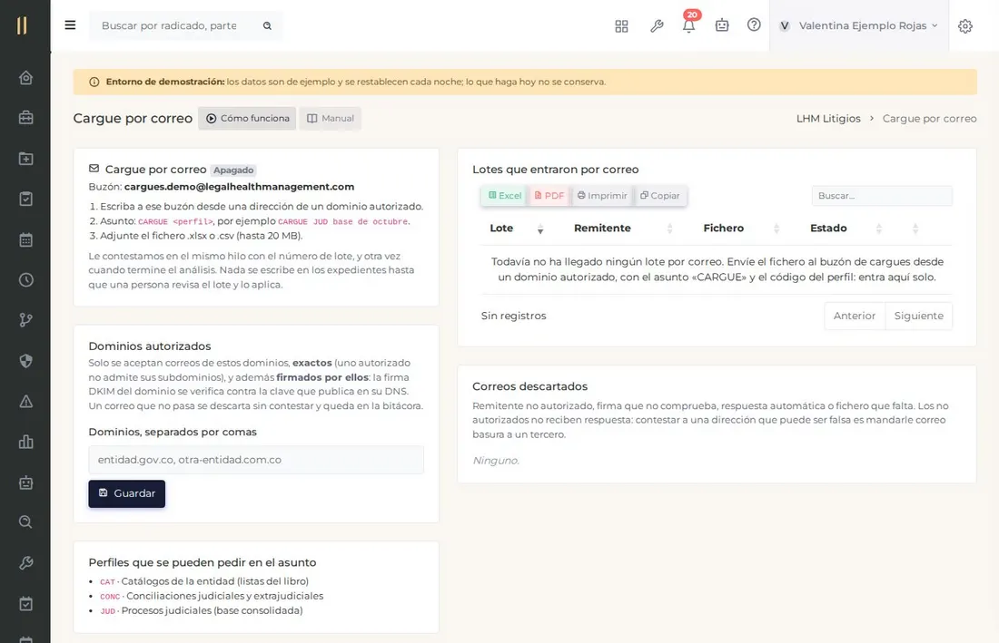 Pantalla del capítulo «Por correo: el cargue que llega solo», con datos de ejemplo.