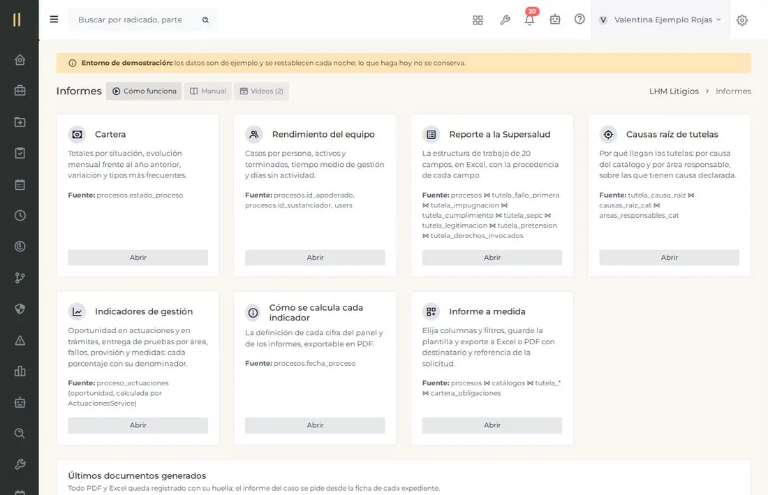 Pantalla del capítulo «Informes para la entidad y para los entes de control», con datos de ejemplo.